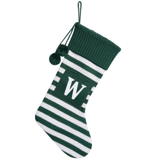 TIMIFIS 19.7 Inches Christmas Stockings,Large Letters Striped Knitted Christmas Decorations Stocking for Family Holiday and Xmas Tree Fireplace Decor-W-Green