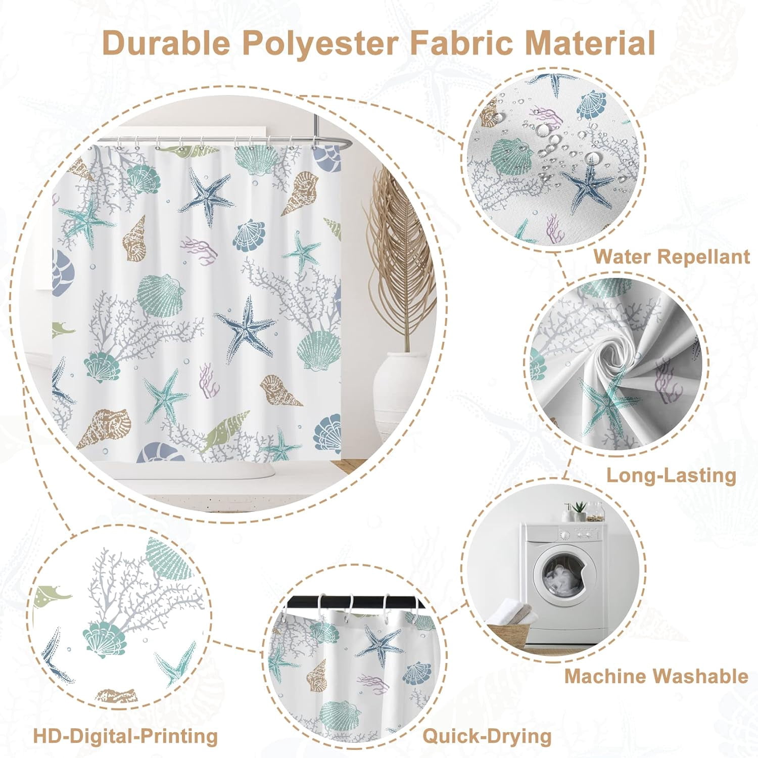 Nautical Coastal Shower Curtain, Coral Conch Starfish Seashell Bathroom Curtain, Ocean Theme Underwater Marine Shower Curtain Set with 12 Hooks for Bathroom 72" Wx72 L