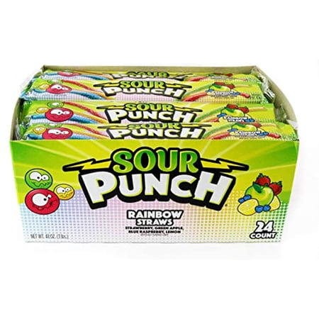 Sour Punch Straws  Rainbow Fruit Flavors  Chewy Sweet & Sour Candy  2Oz Tray (24 Pack)