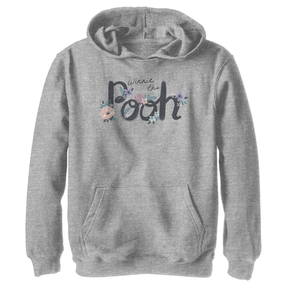Boy's Winnie the Pooh Retro Floral Logo Pull Over Hoodie Athletic Heather Medium