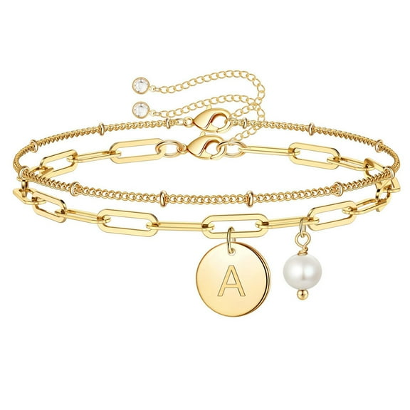 PYNZY Double-layer Initials Bracelet for Women, 14K Gold-plated Initials Bracelet with Pearls Jewelry,A-Z Letter Initials Bracelet as Gift