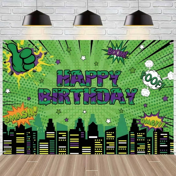 Green Hero Happy Birthday Backdrop, 5x3ft City Skyline Buildings Background Photo Booth Banner Props for Green Hero Birthday Party Decorations Supplies