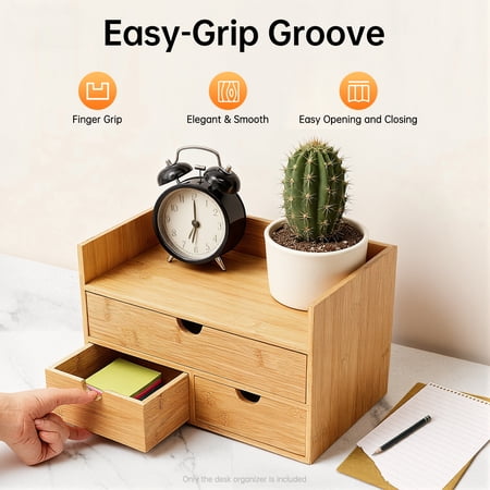 Bamboo Desktop Organizer with 3 Drawers  Tabletop Storage Box for Office Supplies Stationery and Small Accessories Multi-Use Desk Caddy for Workspace and Home Organization