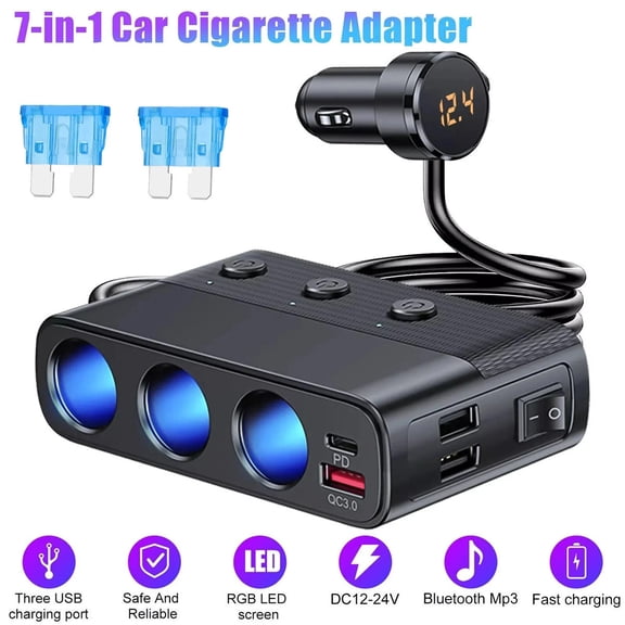 7‑in‑1 Car Cigarette Lighter Splitter Power Adapter with 3 Sockets, PD 30W USB‑C & QC3.0 Fast Charging, Dual USB Ports, Independent Switches & LED Voltmeter for 12V/24V Vehicles