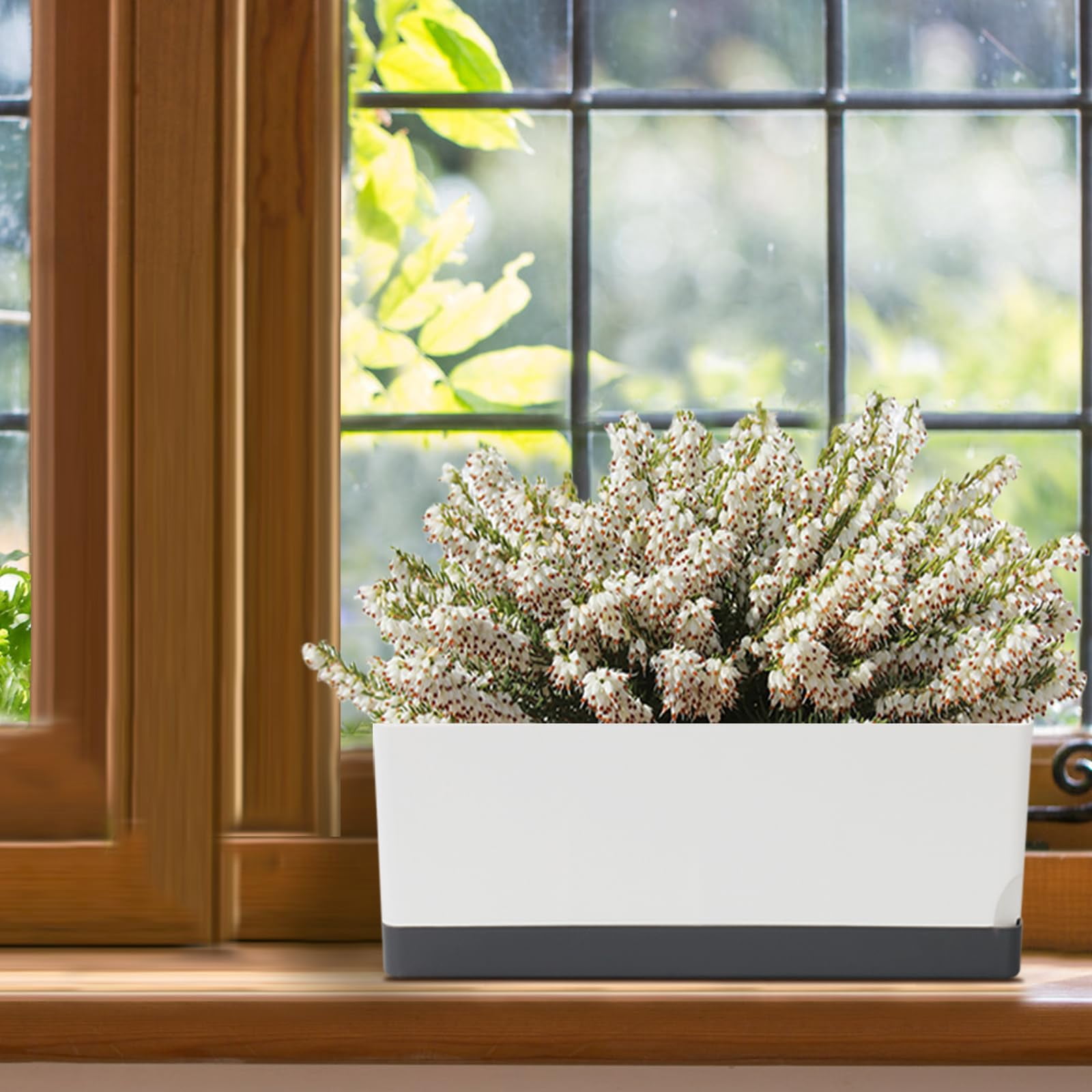 Self Watering Indoor Planter Set 7 Pack Plastic Herb Pots with Drainage Saucer Window Boxes Rectangle Planters for Plants