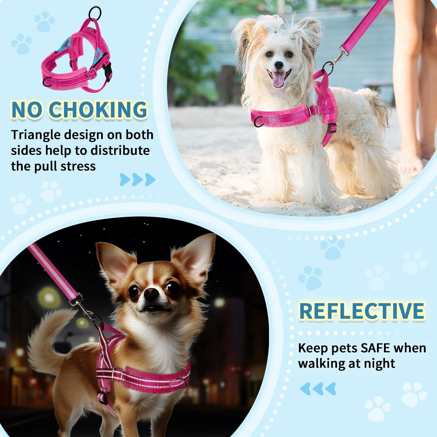 No Pull Small Dog Harness and Leash Set, Puppy Soft Vest Harness Neck & Chest Adjustable, Reflective Lightweight Harness & Anti-Twist Pet Lead Combo for Small Medium Dogs (Fuchsia, XXS)