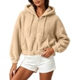 thumbnail image 2 of ZunFeo Womens Oversized Cropped Sherpa Fleece Jacket - Zip-Up Hooded Fuzzy Coat, Khaki,Size M, 2 of 7
