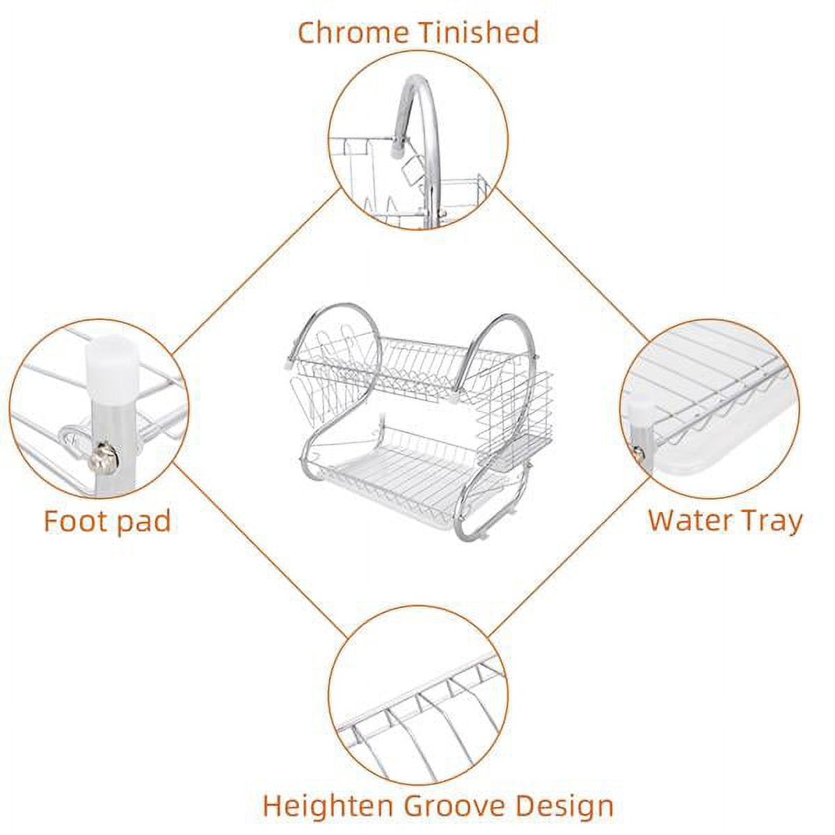 2-Tier Dish Drying Rack with Utensil Holder and Cup Holder with Dish Water Drain Board Tray Rustproof Chrome Plating