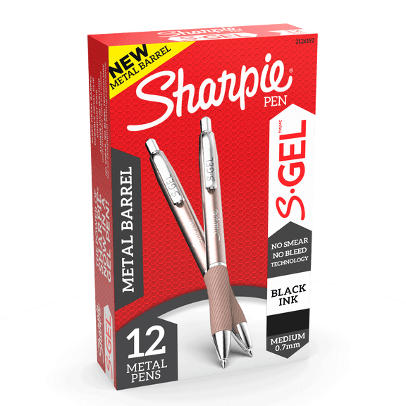 Sharpie S-Gel, Gel Pens, Sleek Metal Barrel, Medium Point (0.7mm), Black Ink, 12 Count