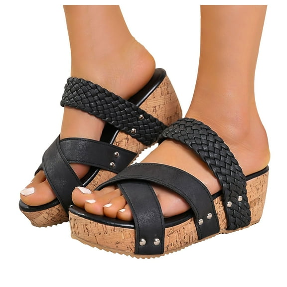 Womens Platform Wedge Slides Sandals Beach Summer Braided Open Toe Chunky High Heel Dress Slip on Slippers
