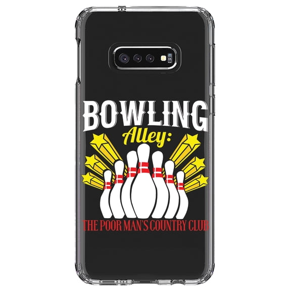 DistinctInk Clear Shockproof Hybrid Case for Samsung Galaxy S10e (5.8" Screen) - TPU Bumper Acrylic Back Tempered Glass Screen Protector - Bowling Alley The Poor Man's Country Club