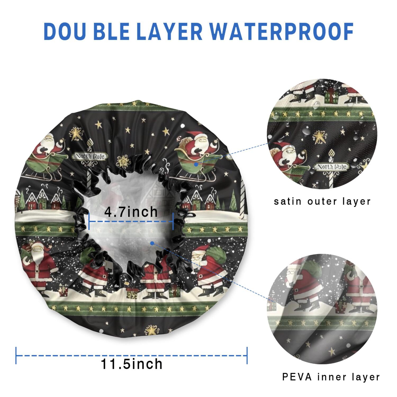 Shower Caps,Black Christmas Santa Pattern Waterproof Shower Cap for Women 4 Pieces,Double Reusable Hair Cover for Shower PEVA Elastic Stretch Hem
