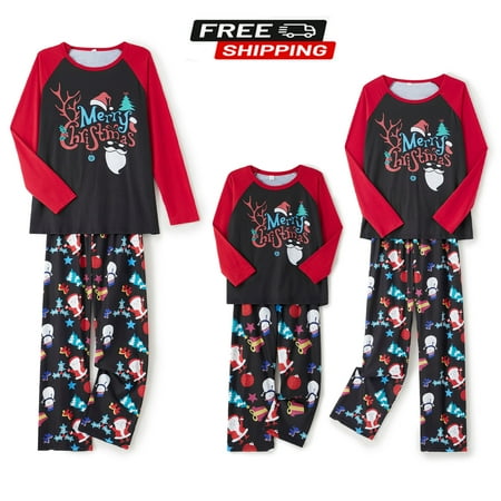 

Sunisery Christmas Pajamas for Family Long Sleeve Round Neck Santa Print Tops Trousers Suit