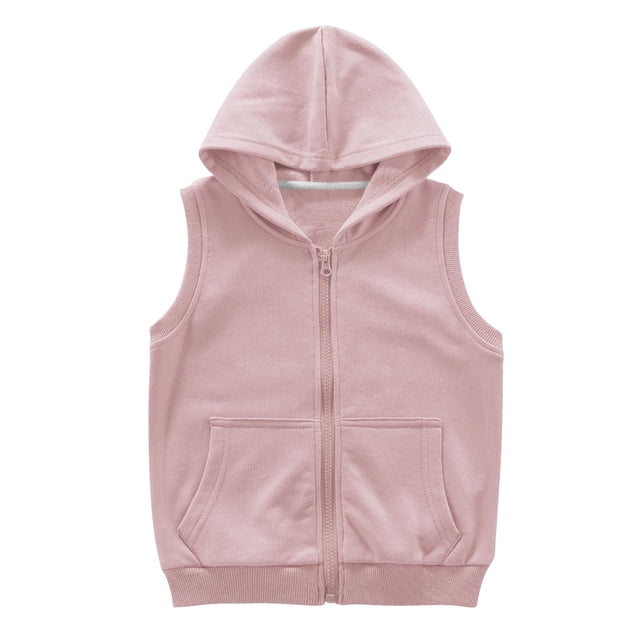 Gilet Léger à Capuche pour Enfants Garçons Filles Coton Sans Manches Chandails en Molleton à Fermeture Éclair avec Poche Uniforme Scolaire Hauts d'Automne Unisexe 7 Ans, Rose