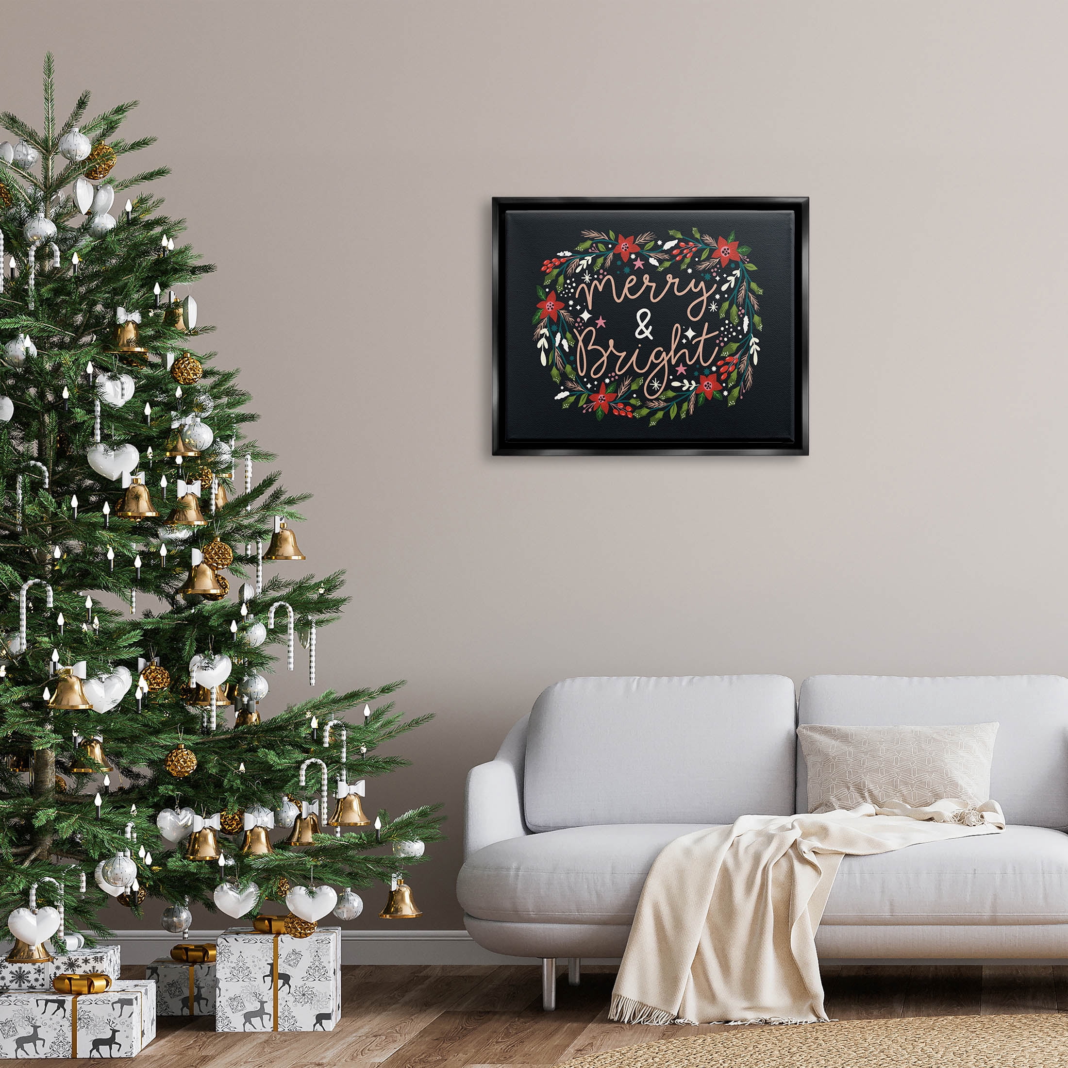 Merry & Bright Poinsettia Wreath Holiday Graphic Art Jet Black Framed Art Print Wall Art