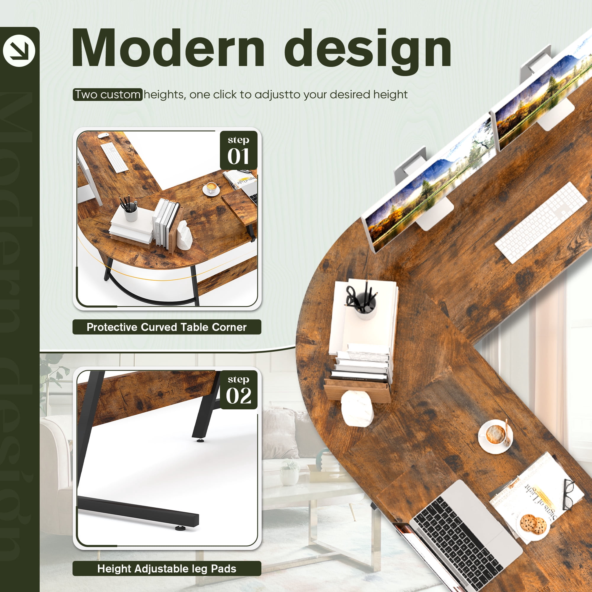 Vineego L-Shaped Computer Desk Modern Corner Desk with Small Table,Rustic Brown