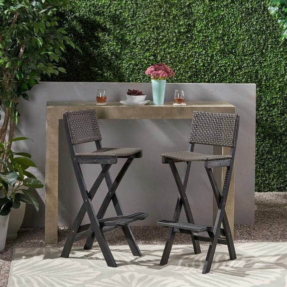 FFZ 41.75 inch Outdoor Folding Acacia Wood Barstools Set of 2, Dark Grey