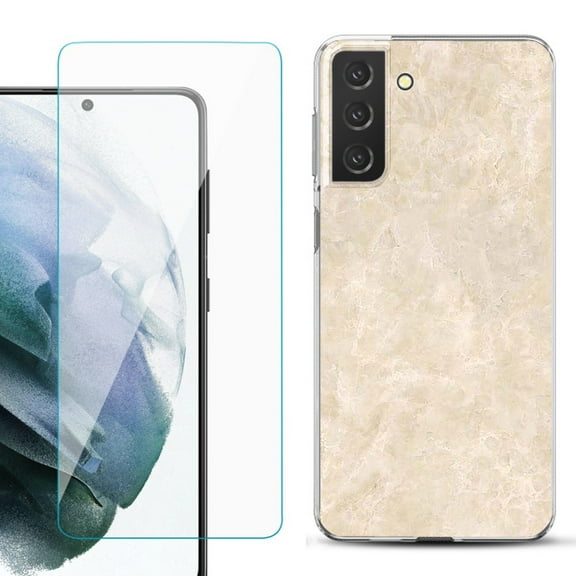 Slim-Fit TPU Fashion Phone Case for Samsung Galaxy S21 FE 5G Fan Edition, with Tempered Glass Screen Protector, by OneToughShield ® - Marble / Latte