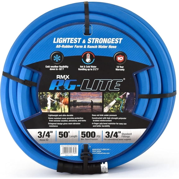 AG-lite Garden Hose 3/4" x 50' Hot/ Cold Rubber Water Hose, Heavy Duty, Lightweight, 10-Year Warranty, GHT Brass Fitting