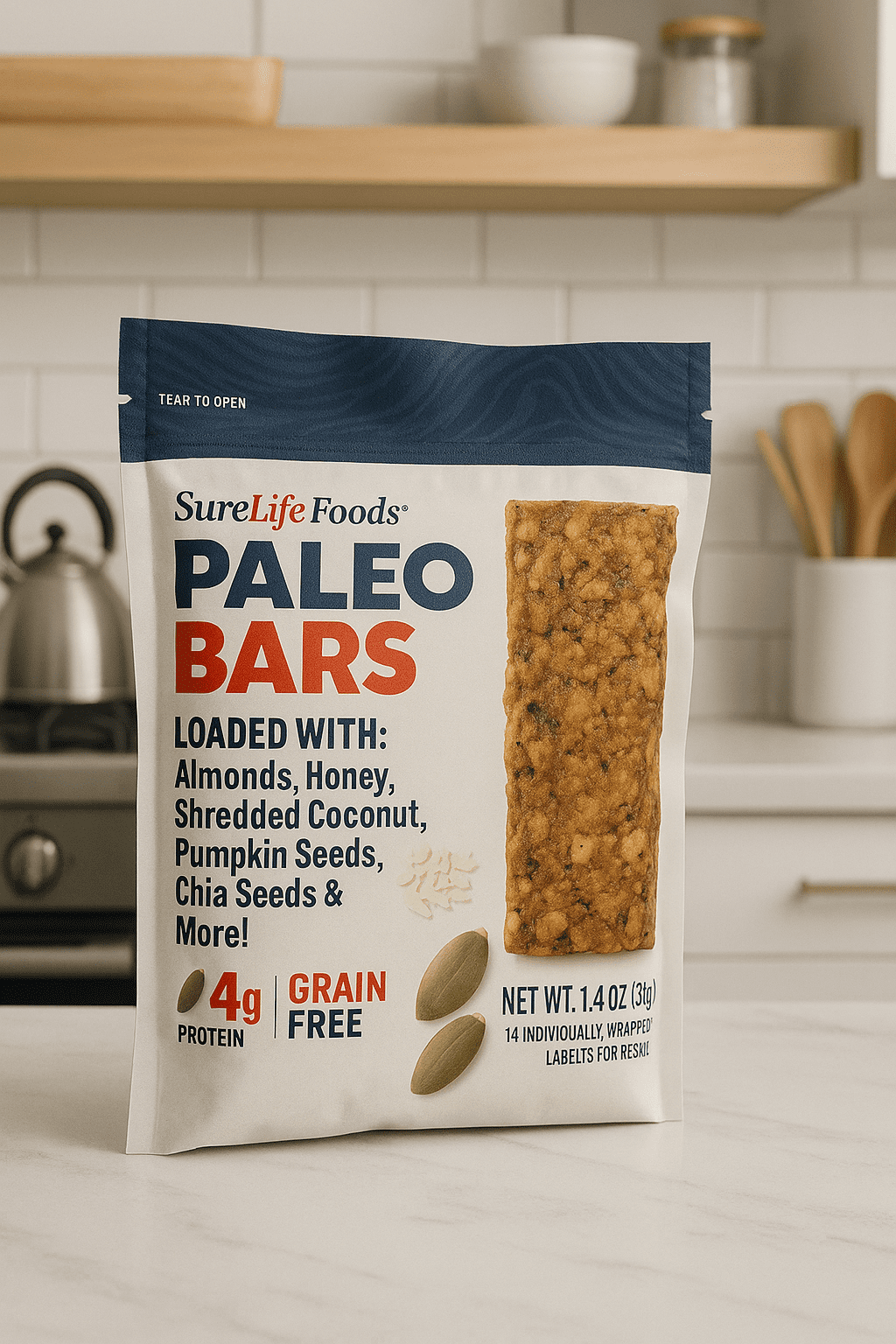 Sure Life Foods Paleo Bars Grain Free Gluten Free Paleo Certified 2 pack (14 per pack) individually wrapped  Zero Cholesterol Meal Replacement Bar 2 Pack 14 Pack