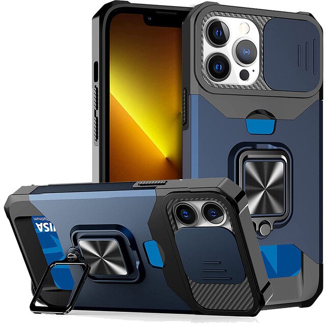 Funda para iPhone 14 Pro Max 13 12 Pro Max 8 7 Plus Mini SE, protección resistente con cubierta de cámara deslizante y cubierta con Clip para tarjeta Fivean unisex
