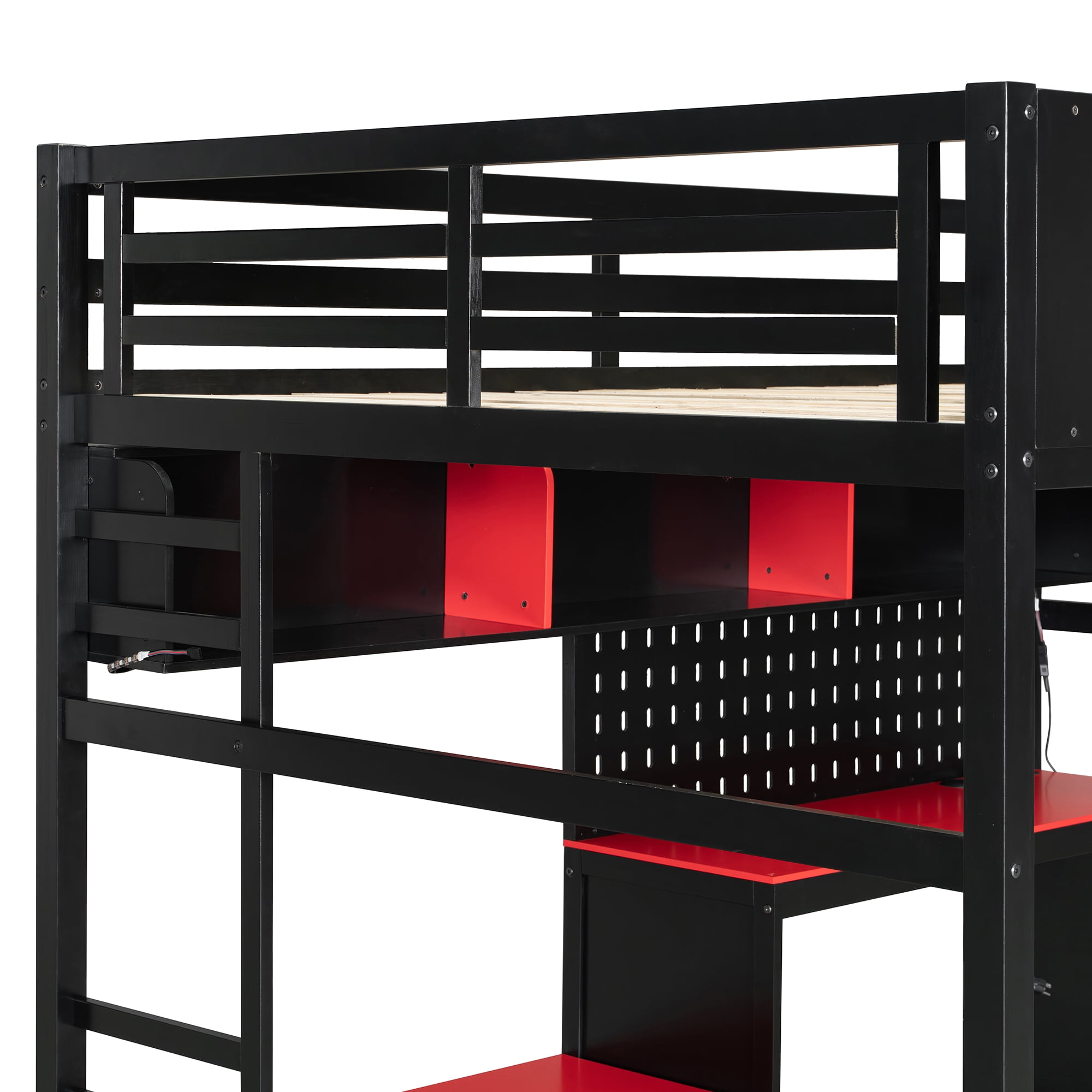 Mintazer Full Size Gaming Loft Bed with LED Lights, Charging Station, Desk, Pegboard and Storage Shelves for Boys Girls, Black & Red