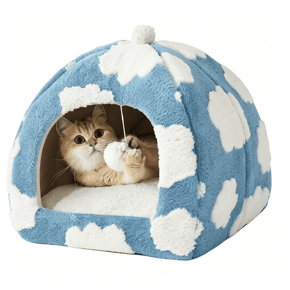 LQSEO Cute Cat Beds for Indoor Cats-2 in 1 Cat Cave Bed for Kittens and Small Pets with Removable Washable Cushioned Pillow,Cozy Kitten Tent with Non-Slip Bottom,Blue,16"Es
