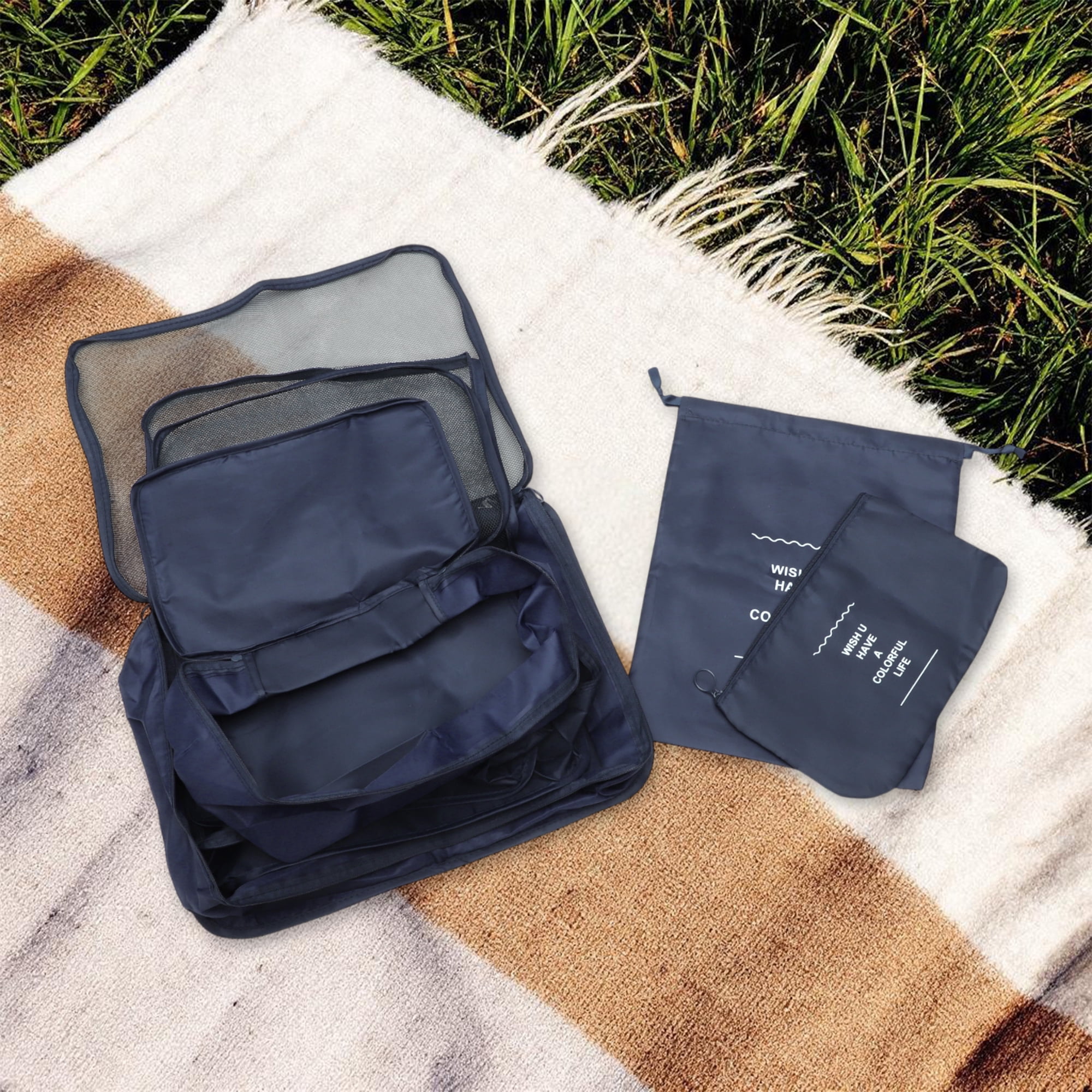 Unique Bargains Portable Packing Cube Set with 6 Different Sized Bags Navy Blue