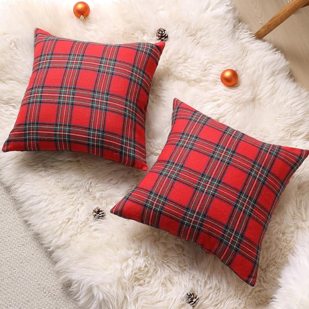 Christmas Pillow Cover 20x20 Set of 4 - Red Tartan Checkered Throw Pillow Cover, Farmhouse Buffalo Plaid Xmas Decorative Cushion Case for Couch Sofa, Christmas Holiday Decor