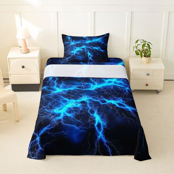 Homewish Blue Wild Lightning Twin Sheets,Modern Abstract Art Bedding,3pcs,1 Fitted Sheet and 1 Pillowcase