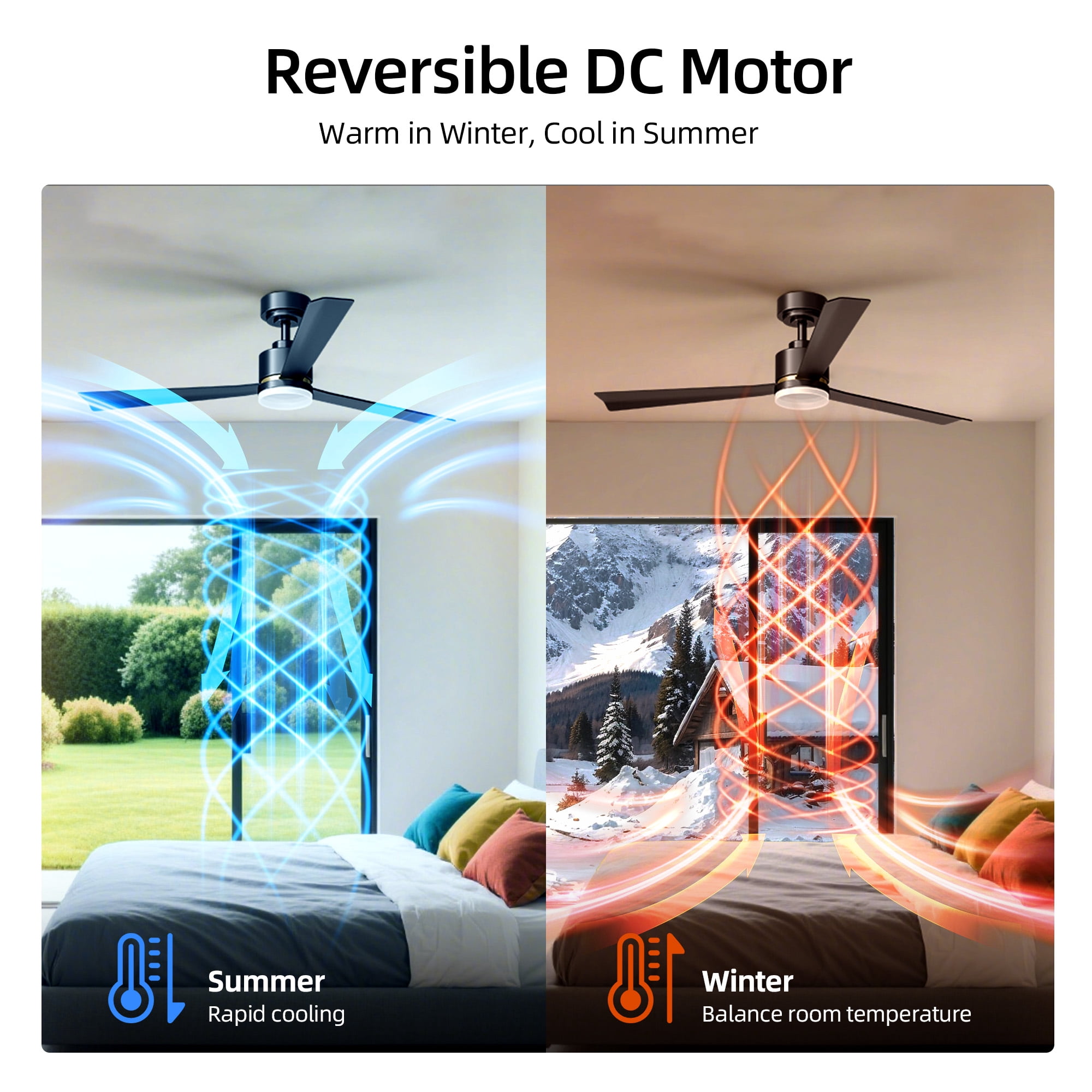 KISSAIR 52 In Ceiling Fan with Light and Remove Control 6 Speeds & Reversible DC Motor,3 Color Dimmable LED, Ultra Quiet 45dB, Timer Function (Black)