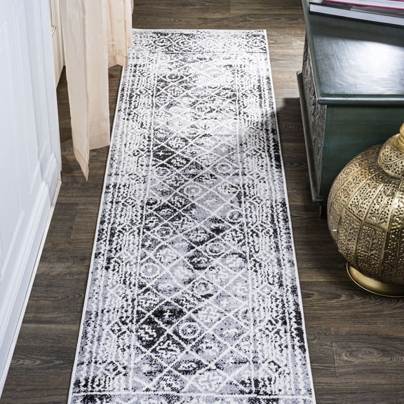 JONATHAN Y MOROCCAN HYPE 2 x 8 Runner Rug, Iften Moroccan Geometric Distressed - Ivory/Black, MOH505A-28