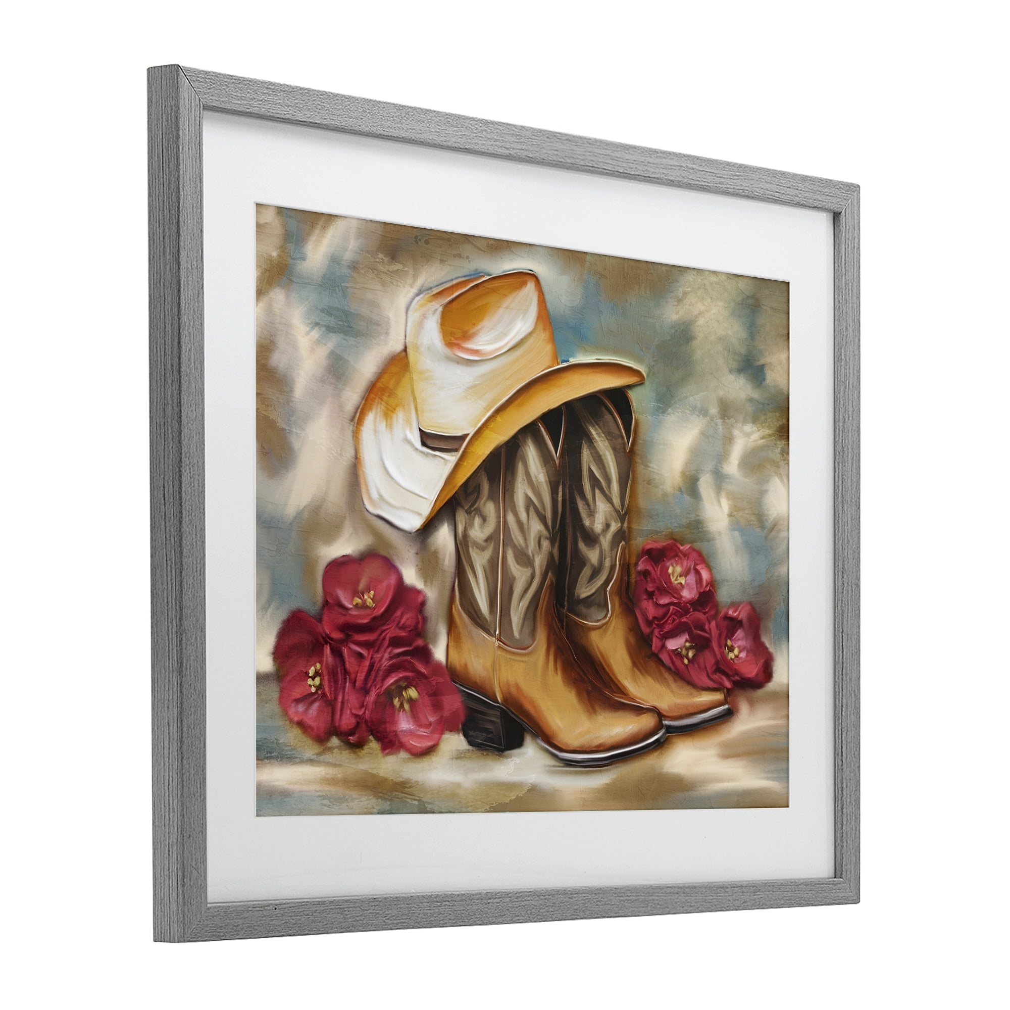 Boots & Floral Bunches Gray Framed Print Under Glass, design by Kim Allen