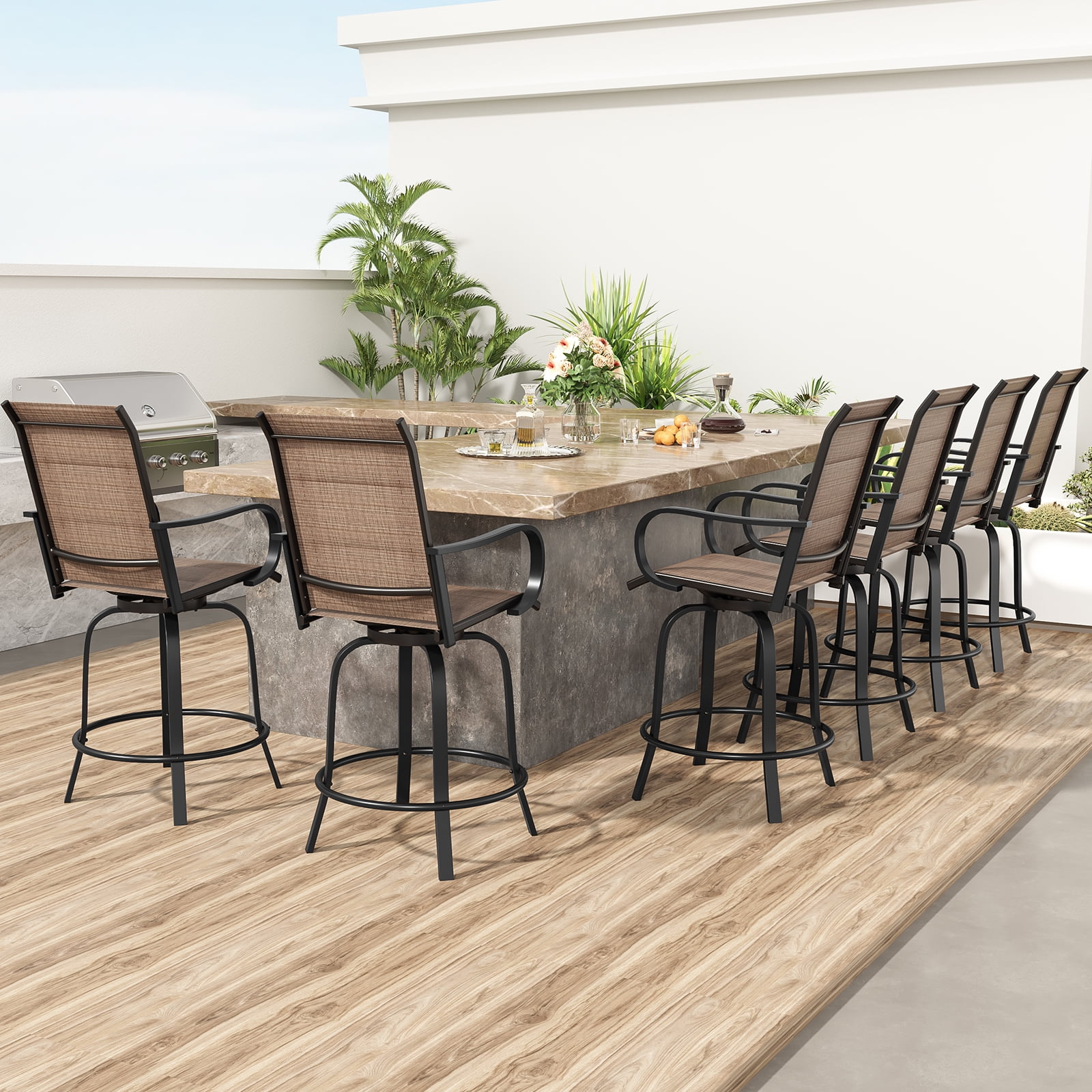 MAYEERTY 2-Piece Outdoor Bar Height Tall Stools Set,Paded Textilene,360°Swivel, Ergonomic for Balcony, Brown