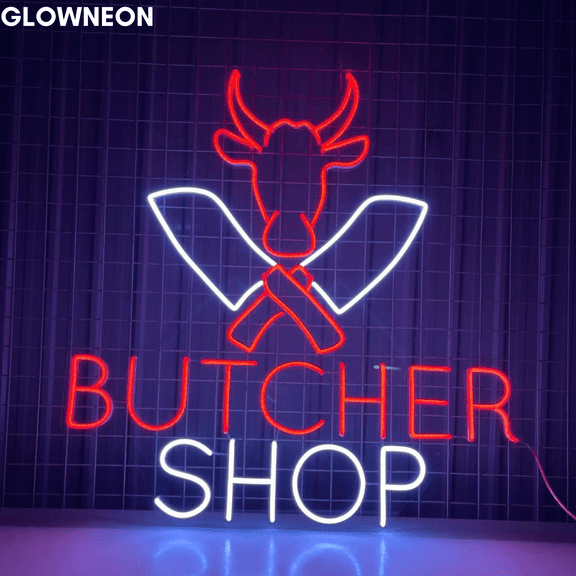 Glowneon Butcher Shop Led Sign, Pork Store Neon Sign, Meat Wall Decor
