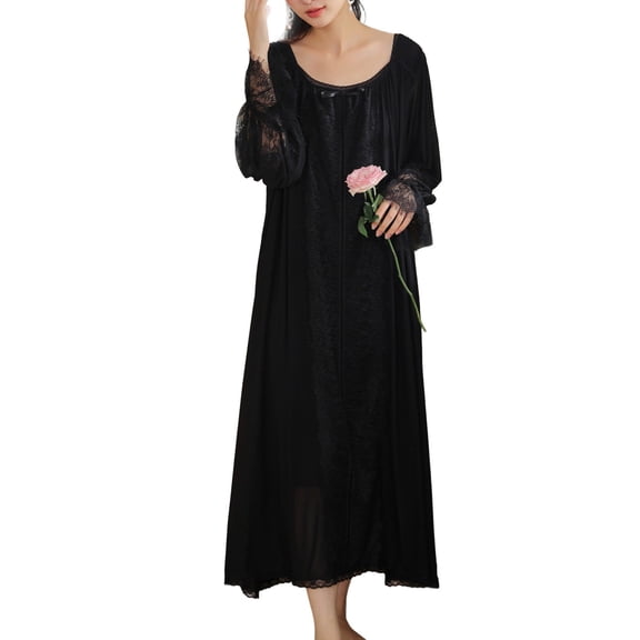 SWSMCLT Women's Long Sleeve Nightgown Victorian Thin Cool Loungewear Cute Pjs Summer Lace Vintage Cotton See Through Black Small-Medium