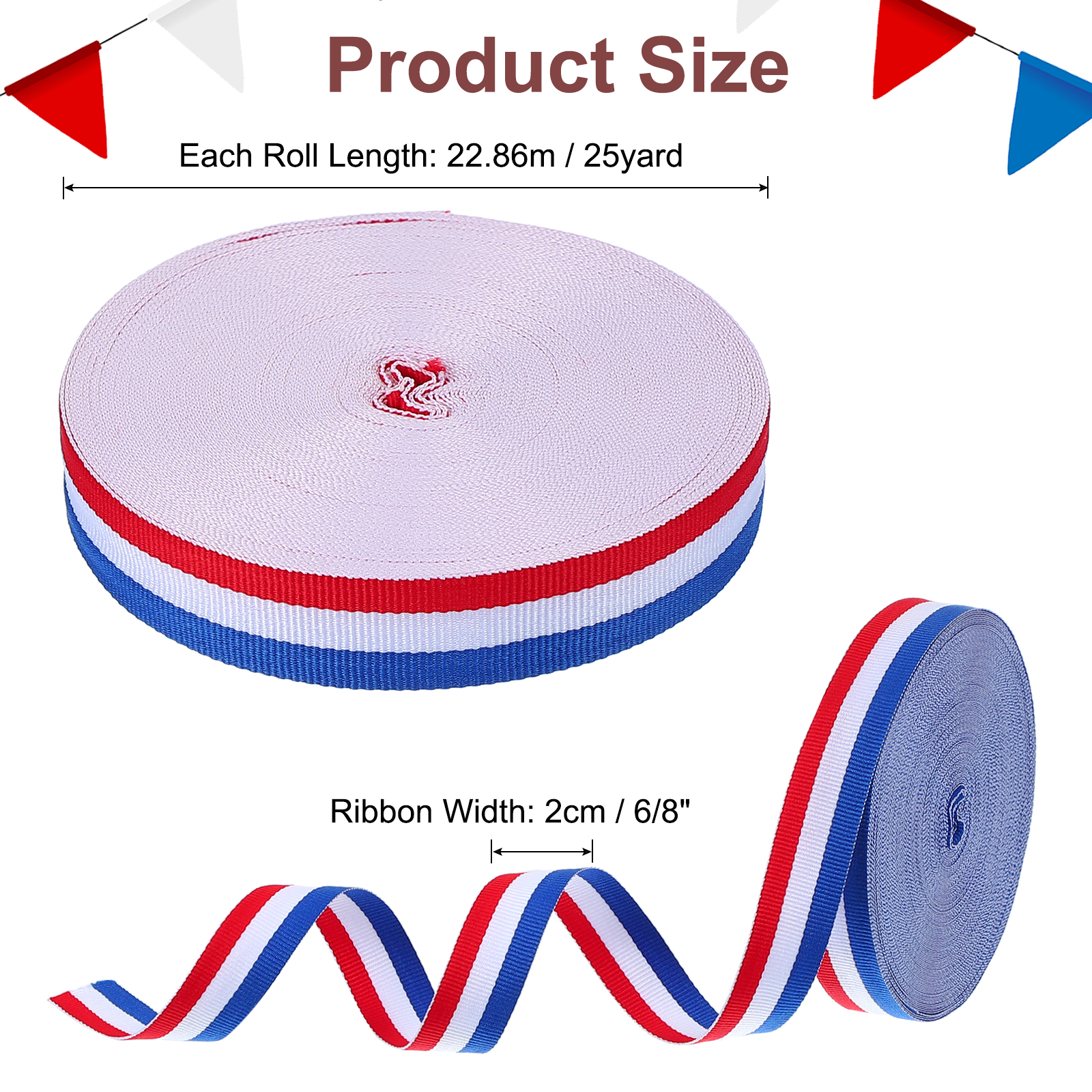 Uxcell 6/8" Red White Blue Striped Grosgrain Ribbon 25 Yard Polyester Stripe Ribbon