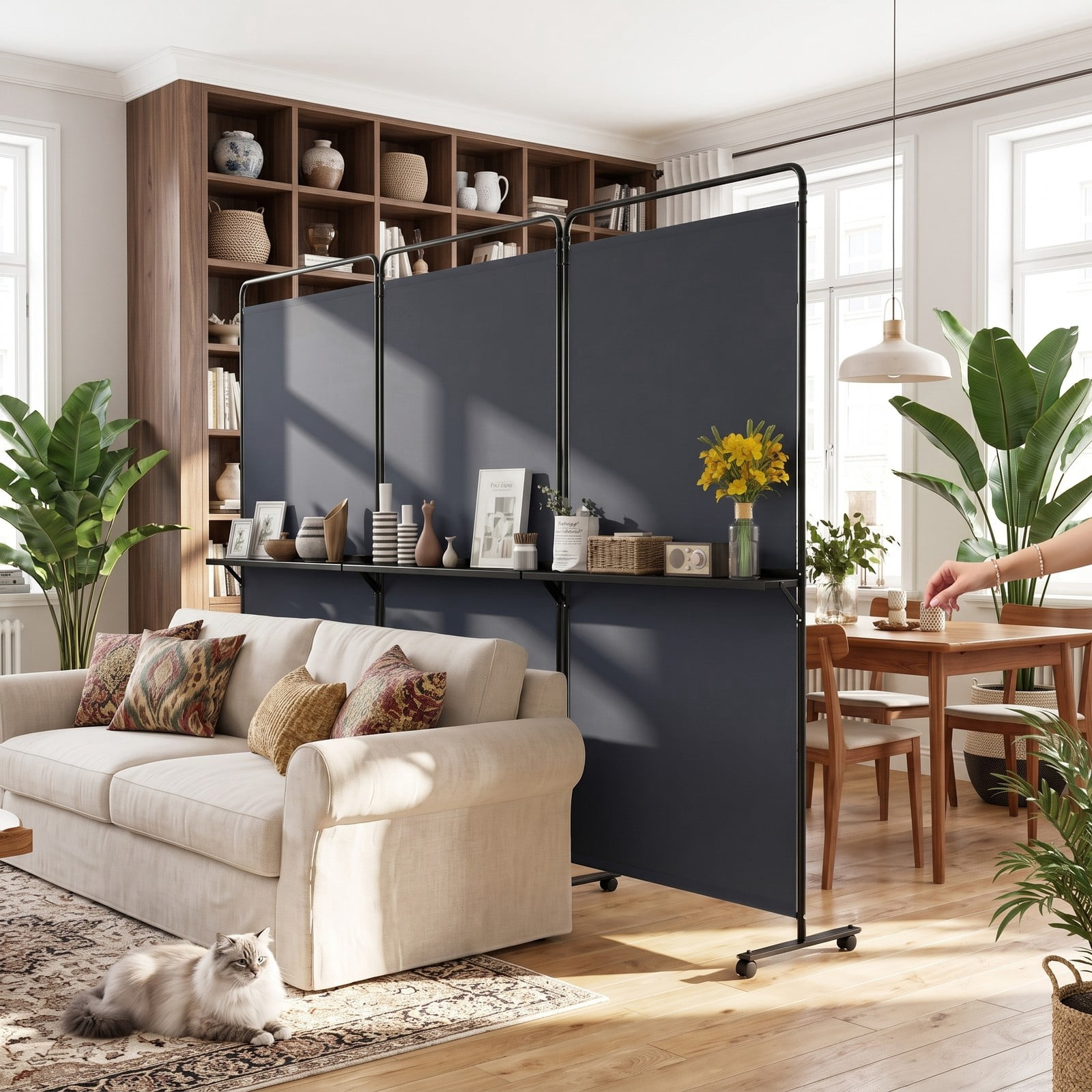 ALPULON 3-Panel Room Divider with 3 Shelves, 6 FT Tall Folding Privacy Screen Freestanding Partition with Lockable Wheels for Living Room Bedroom Office, Gray