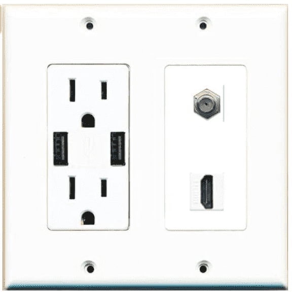 RiteAV USB Charger Outlet 15A/125V with Dual 3.6A USB Charging Ports and 1 x Coax and 1 x HDMI Decorative White Wall Plate
