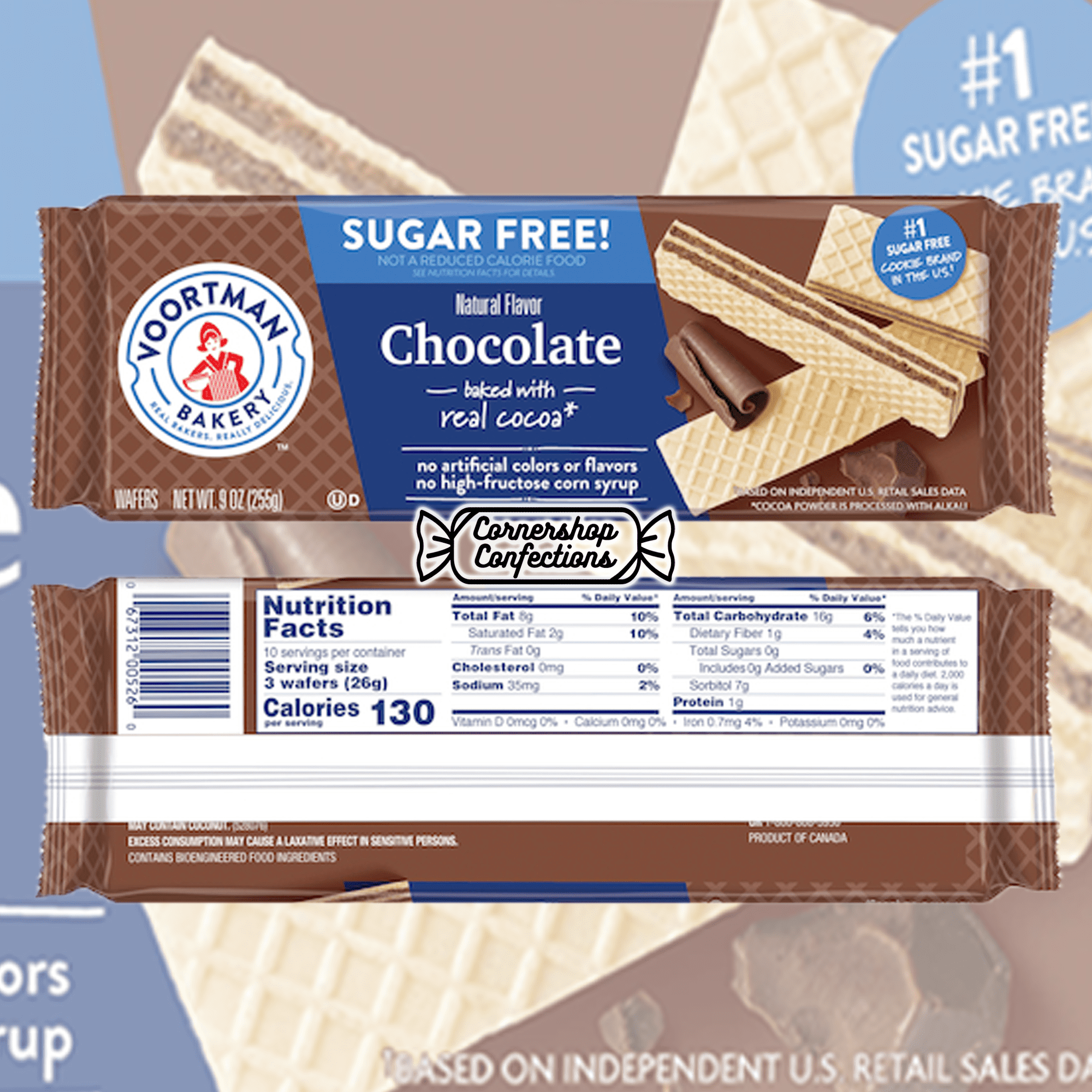 Voortman Sugar Free Chocolate Wafers Bulk Pack - 4 Individually Sealed 9 Ounce Packs - Baked With Real Cocoa - Holidays, Family Gatherings, Work Desk, Road Trip Snack - In Cornershop Confections Pack