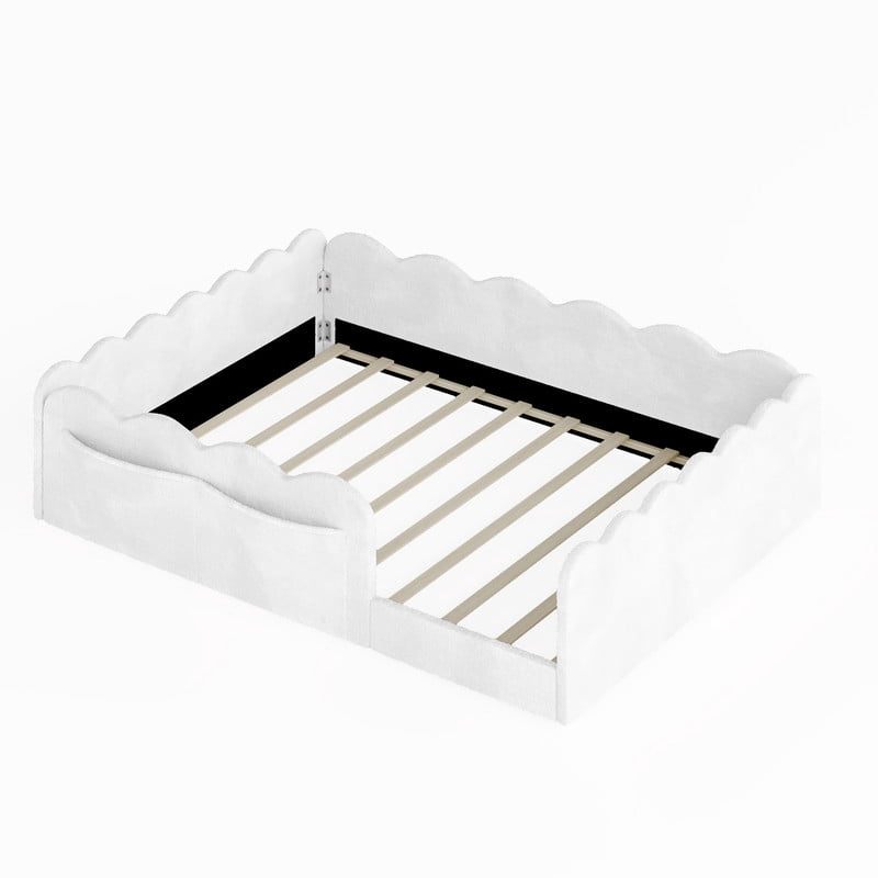 Full Size Upholstered Floor Bed, Faux Rabbit Fur Daybed Frame with 2 Storage Pockets, Kids Bed with Wavy Design Fence