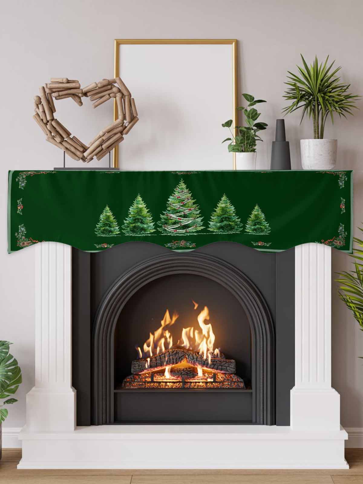 Green Christmas Tree Fireplace Mantle Scarf, Snowflake Xmas Botanical Berry Mantel Cover Table Runner for Home Living Room Door Window, Indoor Outdoor Holiday Party Decor 17" x 60"