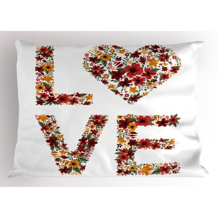 Valentines Day Pillow Sham Garden Fowers Romantic Love Letters Hears Image Couple Theme Print, Decorative Standard Queen Size Printed Pillowcase, 30 X 20 Inches, Multicolor, by Ambesonne