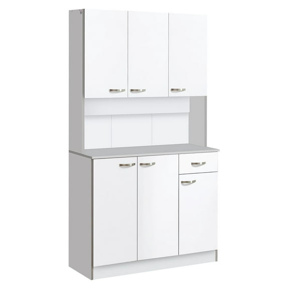 Kitchen Buffet with Hutch, White Pantry Cabinet, 71" Storage, 6 Doors, Adjustable Shelves, Drawer