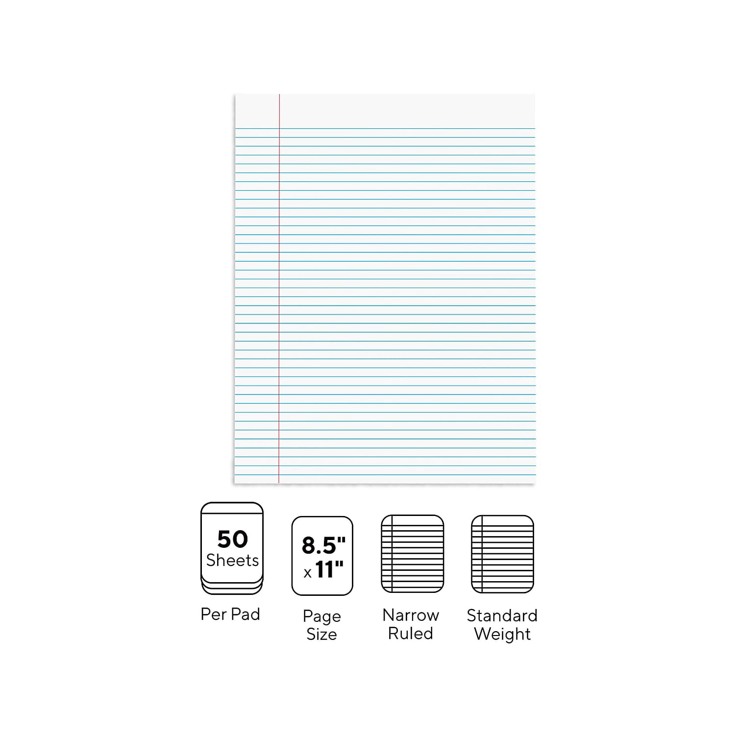 Staples Notepads 8.5" x 11" (US letter) Narrow Ruled White 50 Sheets/Pad 24/Carton ST57420/TR574VS