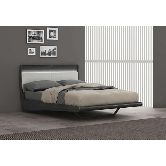 K-Living Asher Grey Lacquer Finish Queen-Size Bed with PU Padded Headboard and One-Touch LED Light