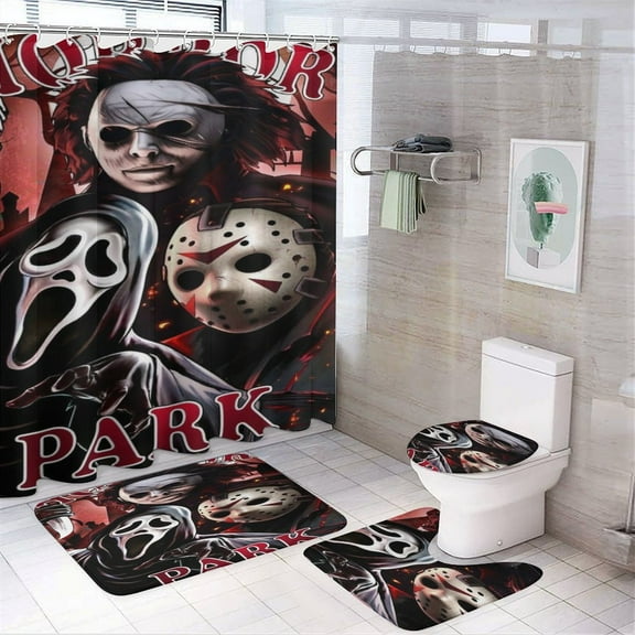 4 Pcs Ghostface Bathroom Set with Shower Curtain with Non-Slip Rugs, Toilet Lid Cover And Non-Slip U Shape Bath Mat, Bathroom Decoration with 12 Hooks 72 X 72 Inches
