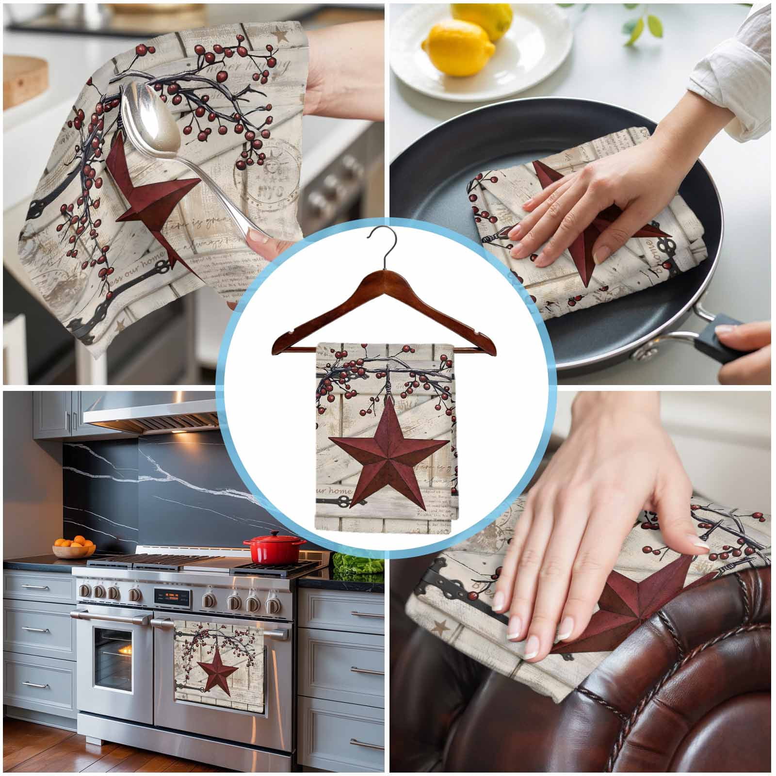 Texas Star Vintage Kitchen Towels Set of 2, Water Absorbent Dish Towel, Red Retro Berry Beige Wooden Decorative Hand Towels - Quick Drying Cloth for Cooking Baking, 18x28 Inch