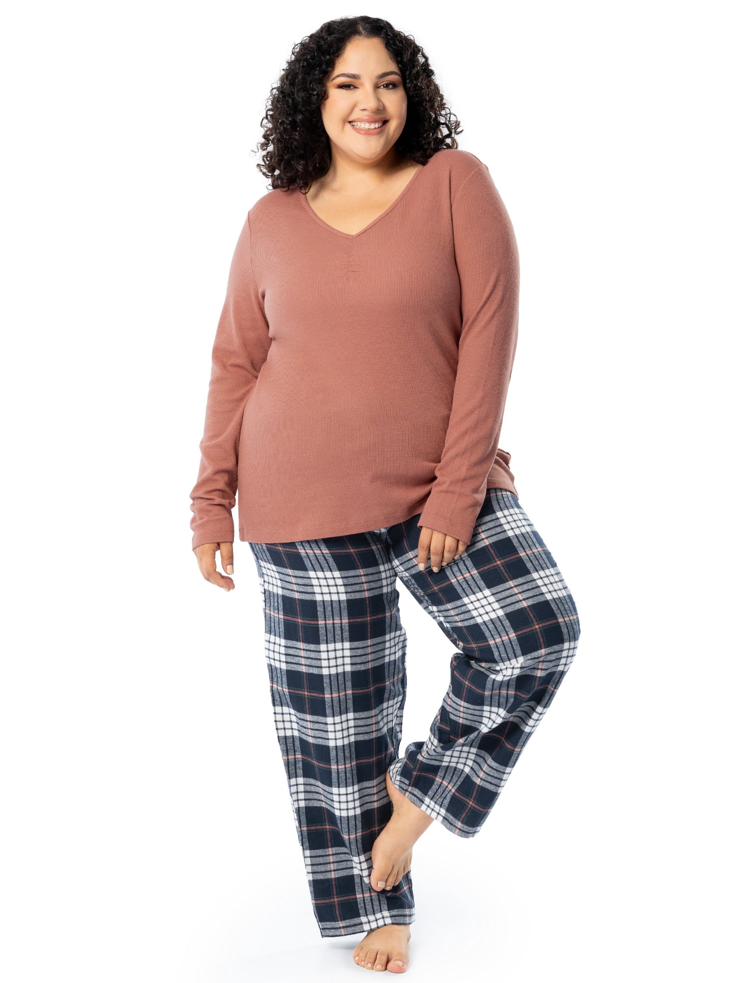 Fruit of the Loom Women's Beyond Soft Long Sleeve Waffle Top and Flannel Bottom Pajama Set, Sizes S-4X