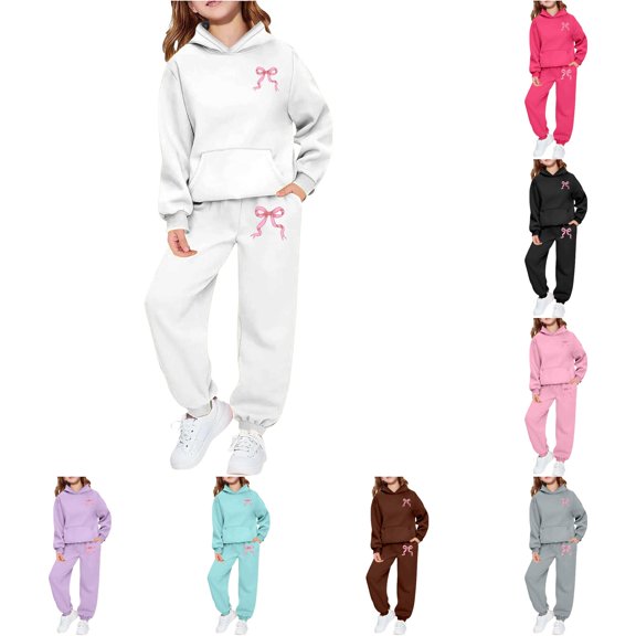 WAYUTE Girls Street Style Fall Outfits 2 Piece Bow Print Long Sleeve Hooded Sweatshirts and Pants Fashion for Toddler Youth Clothes Sets Casual Daily Wear,White,Size 3-4 Y